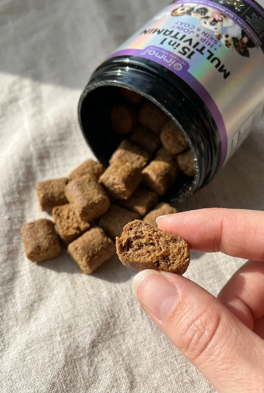Bouchées moelleuses brunes qui sortent du pot, l’une tenue entre deux doigts