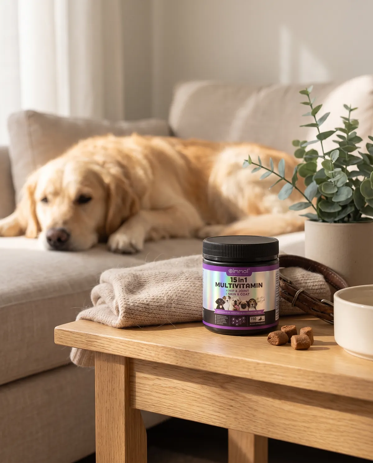 Un golden retriever se repose sur le canapé, le pot et quelques bouchées sur la table d’appoint
