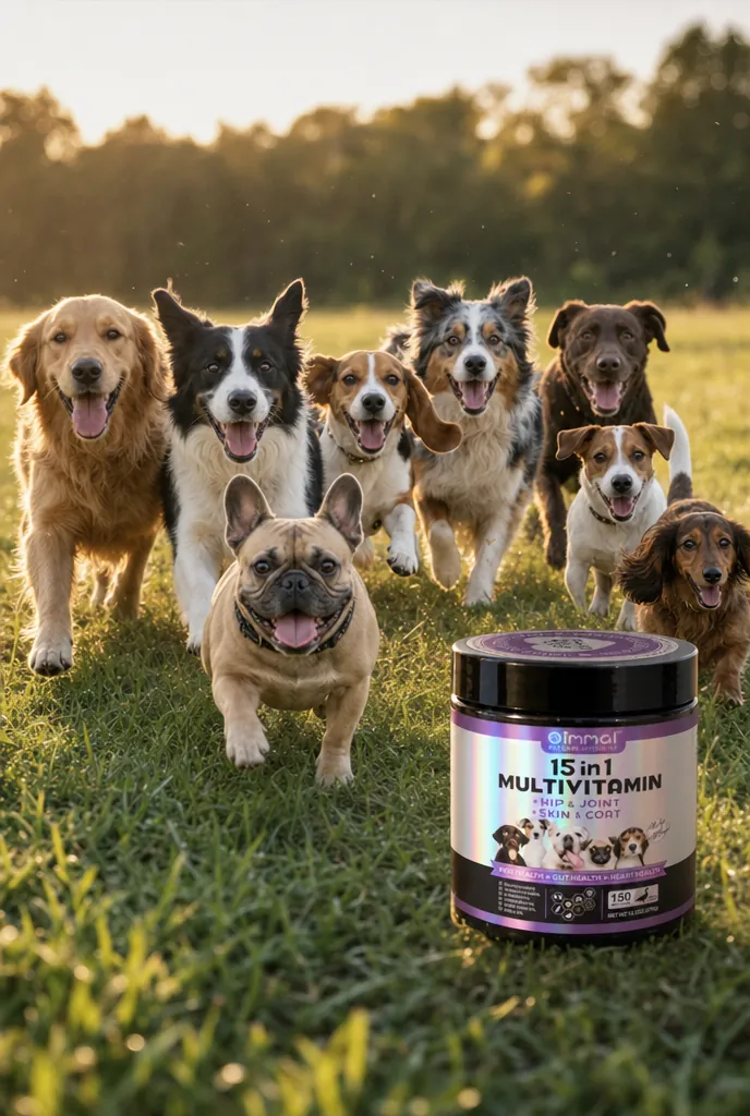 Le pot de multivitamines 15-en-1 posé dans l’herbe, devant sept chiens de races différentes