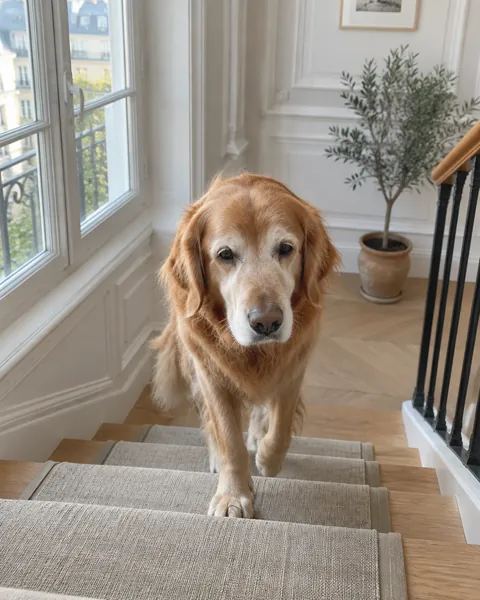 Un golden retriever senior monte les premières marches d'un escalier