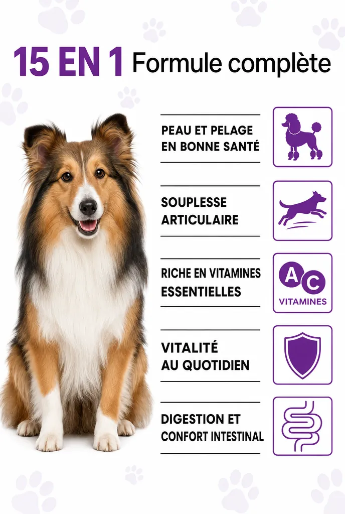 Infographie 15-en-1 : peau et pelage, souplesse articulaire, vitamines essentielles, vitalité, digestion