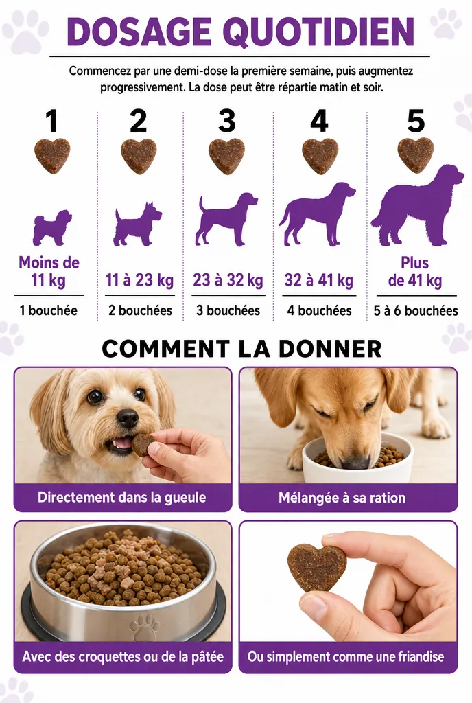 Infographie du dosage quotidien selon le poids du chien et des façons de donner la bouchée