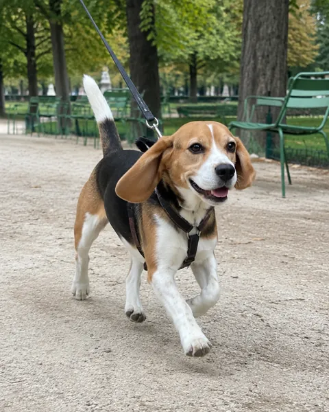 Un beagle trottine en laisse dans un jardin public