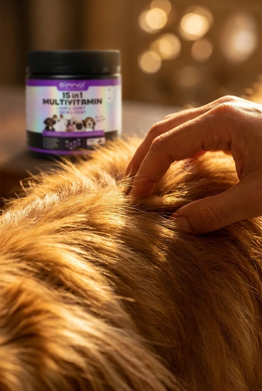 Une main caresse le pelage d’un chien, le pot en arrière-plan